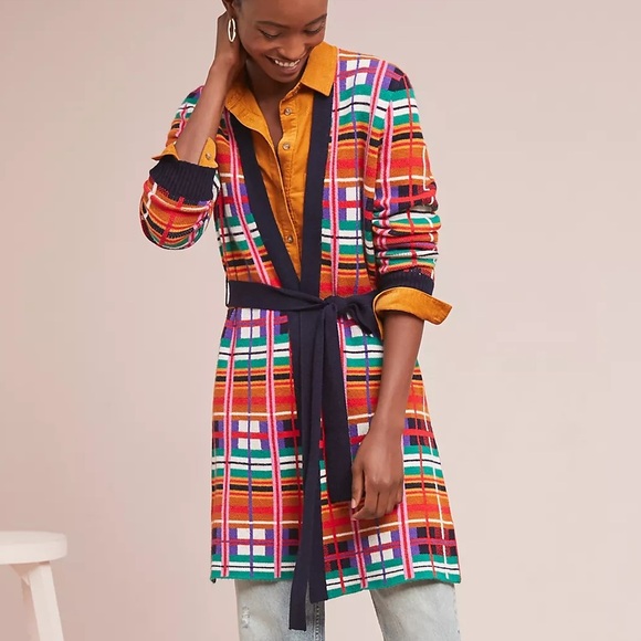 Anthropologie Moth Williston Plaid cardigan colorful knit tie waist coat sweater - Picture 7 of 12